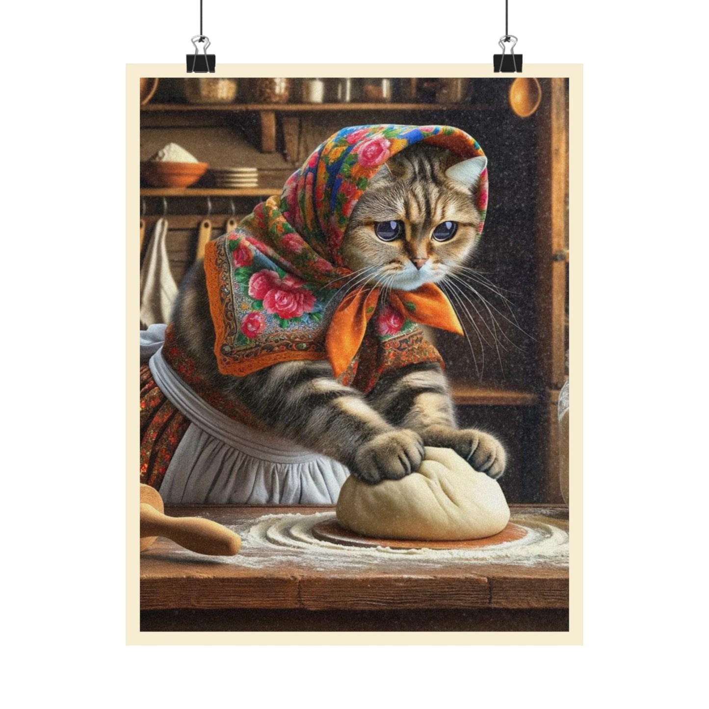 Babushka Cat Kneads Dough Matte Vertical Poster