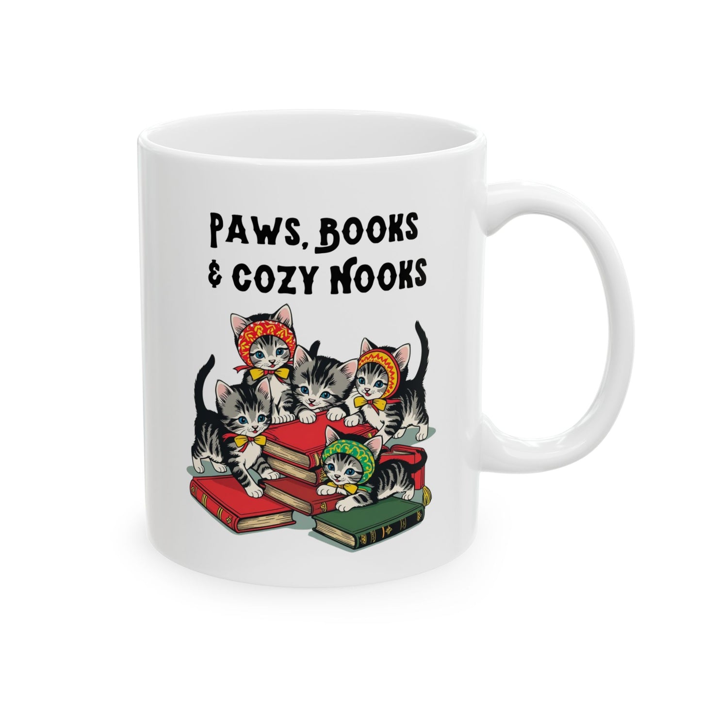 Kitschy Mug with Babusha Kittens and Books Design, Ceramic Mug