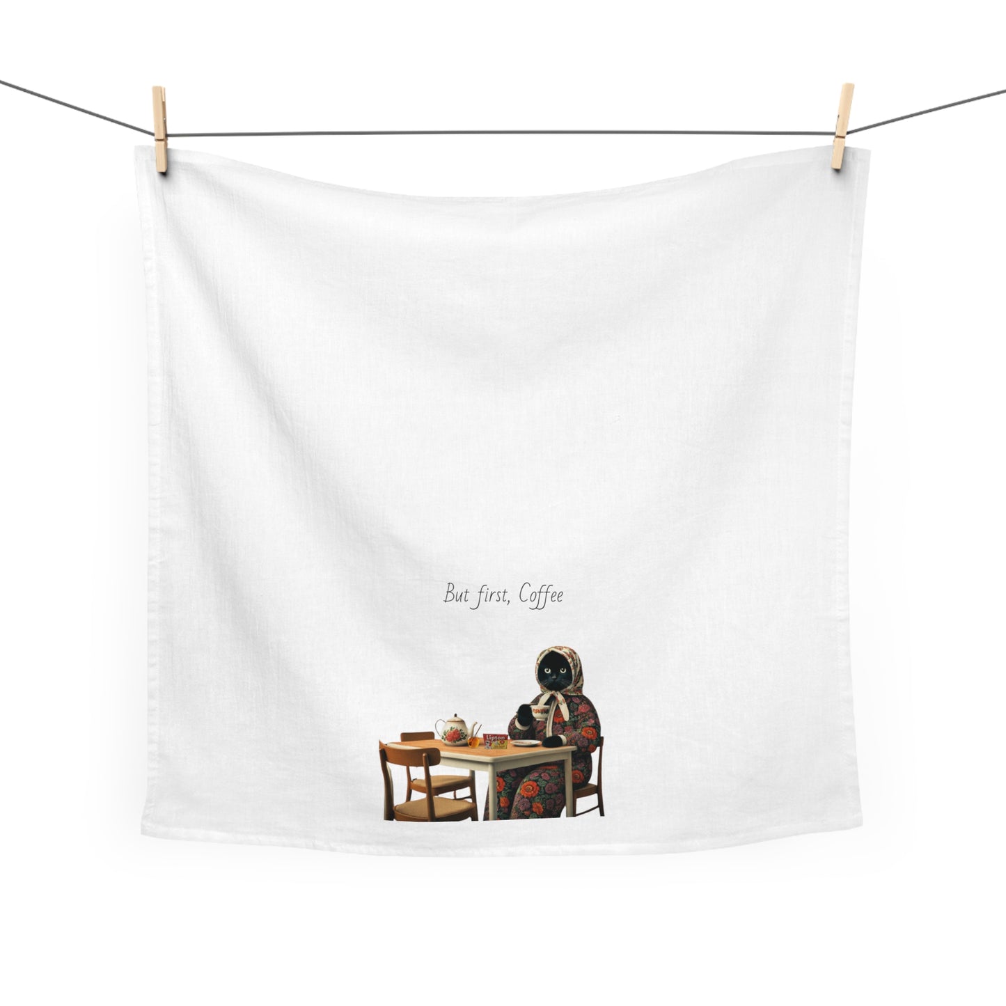 Babushka Cat Coffee Drinking Tea Towel