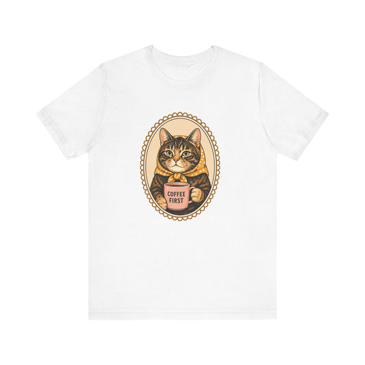 Babushka Cat Coffee First Cameo Design Tee