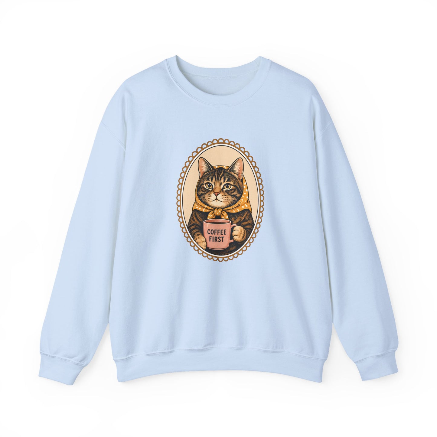 Babushka Cat Coffee First Unisex Heavy Blend™ Crewneck Sweatshirt