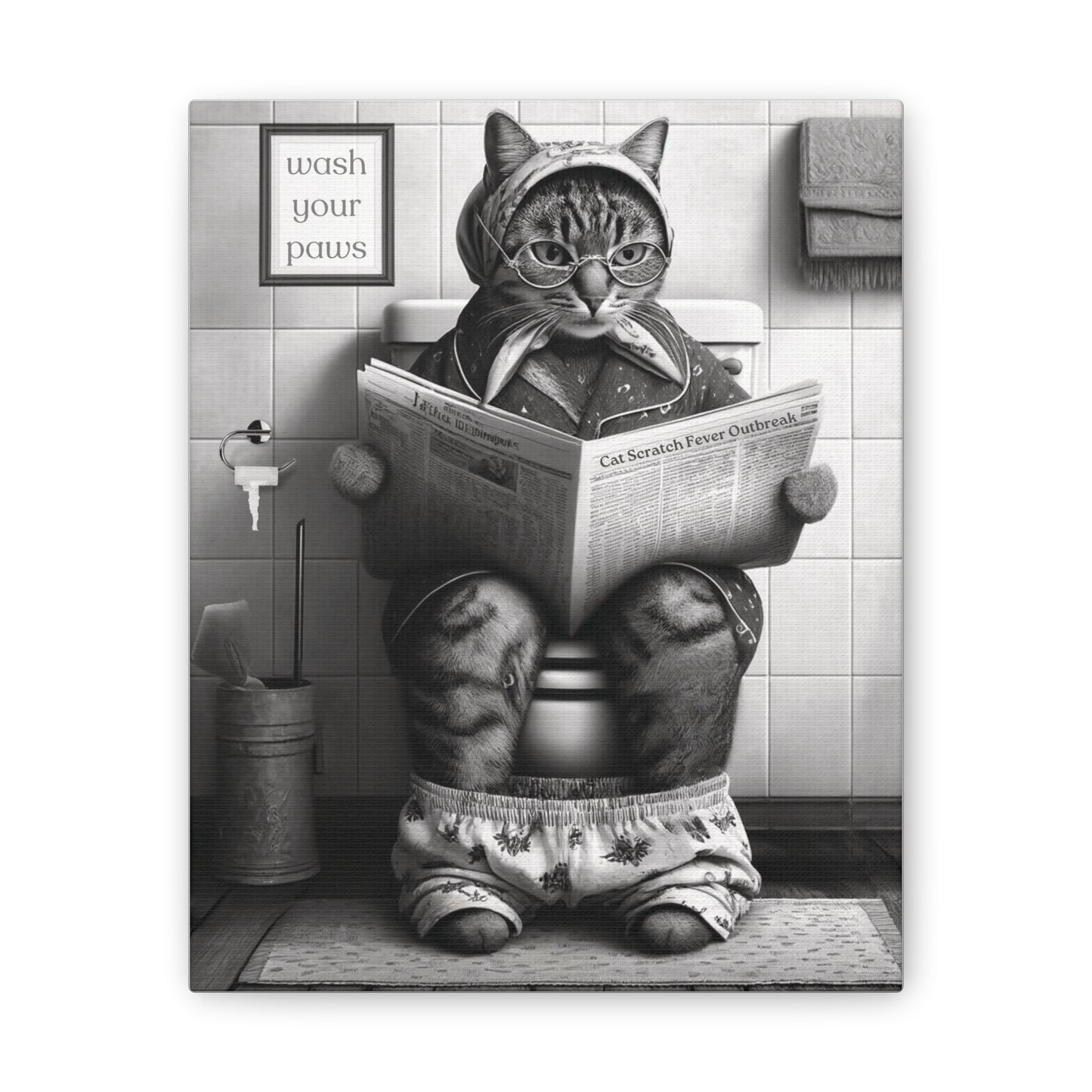 Babushka Cat Bathroom Art, Black and White Wall Art