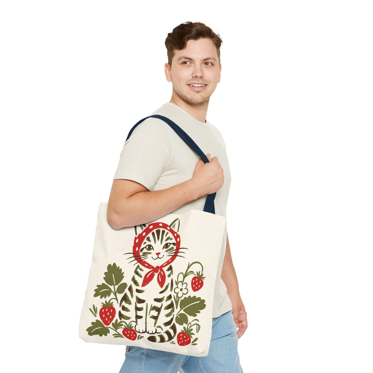 Babushka Cat Strawberry Patch Tabby Cat Tote Bag (AOP)