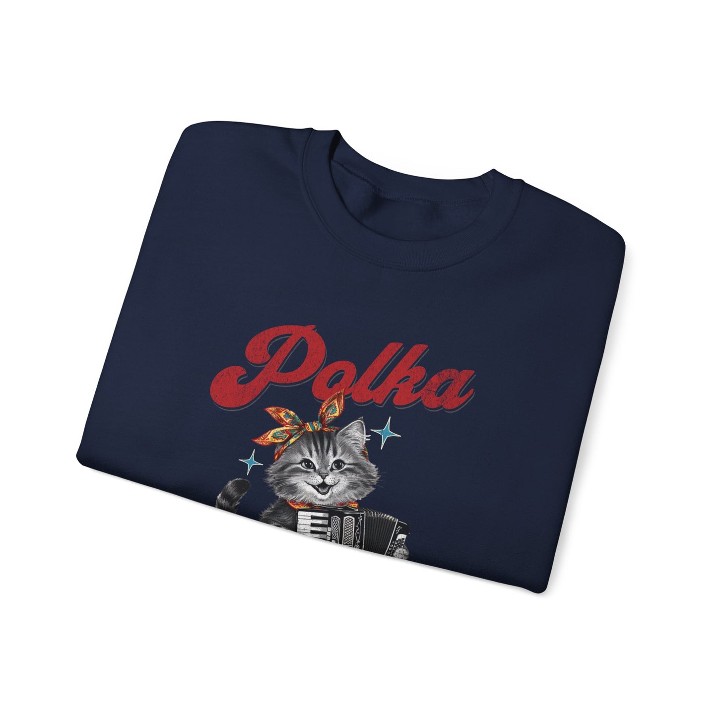 Polka Kitten-Accordion Playing Kitschy Cat Vintage Distressed Crewneck Sweatshirt