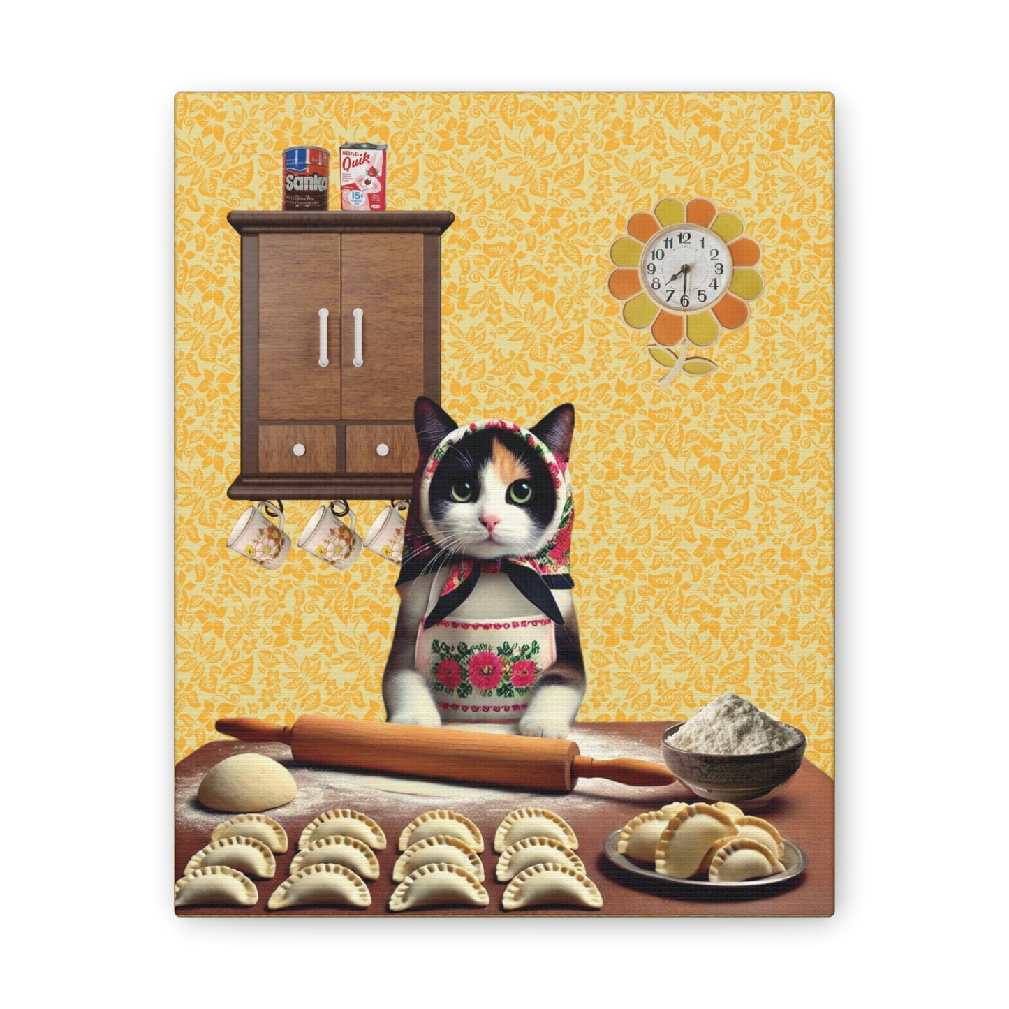 Babushka Cat Calico Cat Art, Polish Cat Makes Pierogi, Kitschy Cat Kitchen Wall Art,  Canvas Wall Art, Nostalgic Art