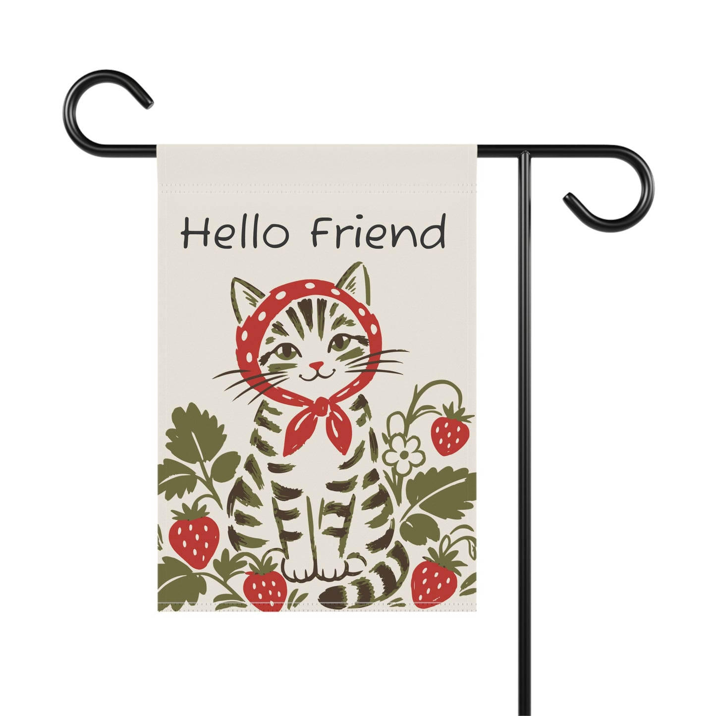 Babushka Cat Strawberry Hello Friend Garden Flag (no pole)