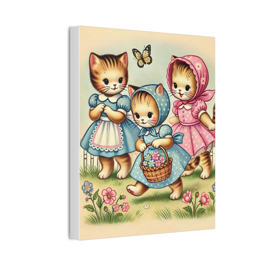 Vintage Kitten Art, Kitschy Cat Art Picking Flowers Canvas Wall Art