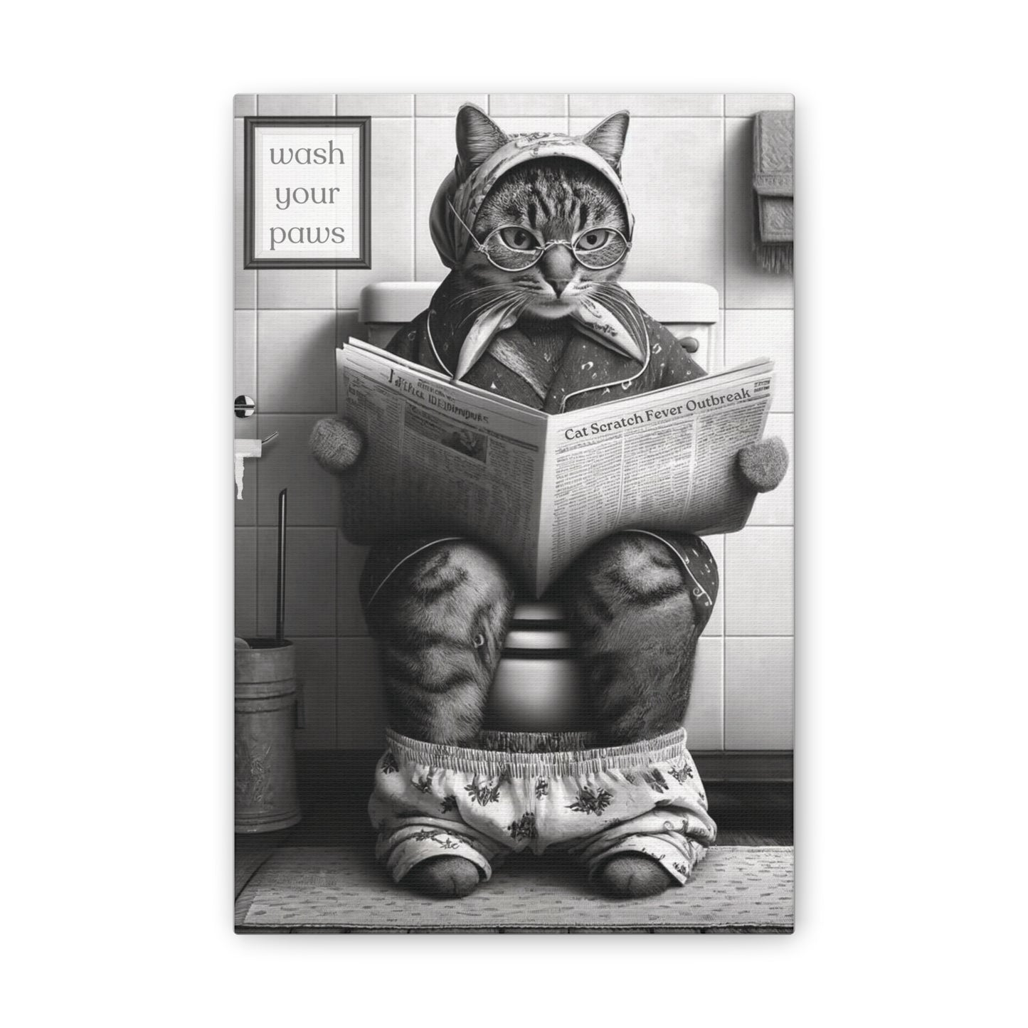 Babushka Cat Bathroom Art, Black and White Wall Art