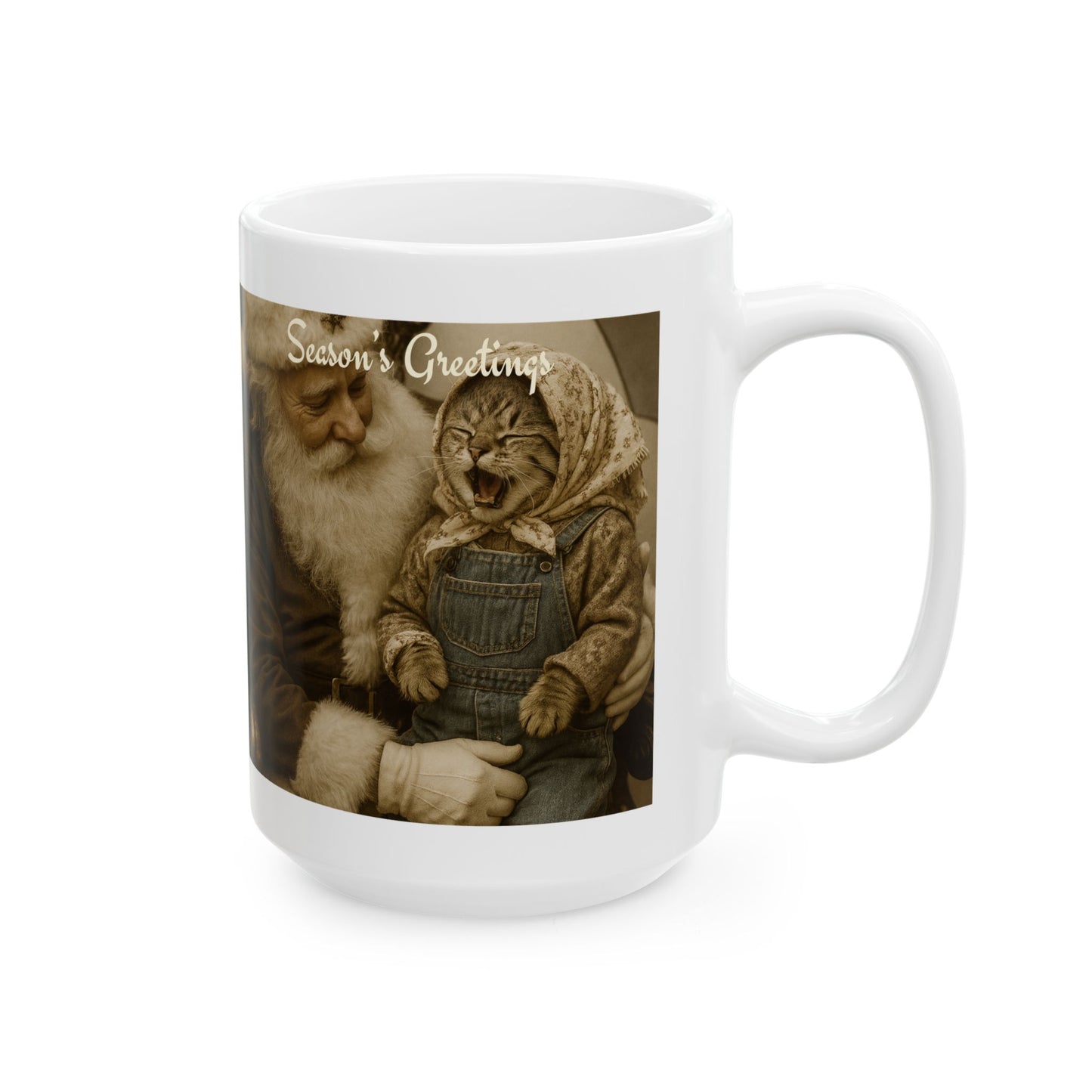 Babushka Cat Childhood Memories Funny Santa Cat Ceramic Mug, (11oz, 15oz)