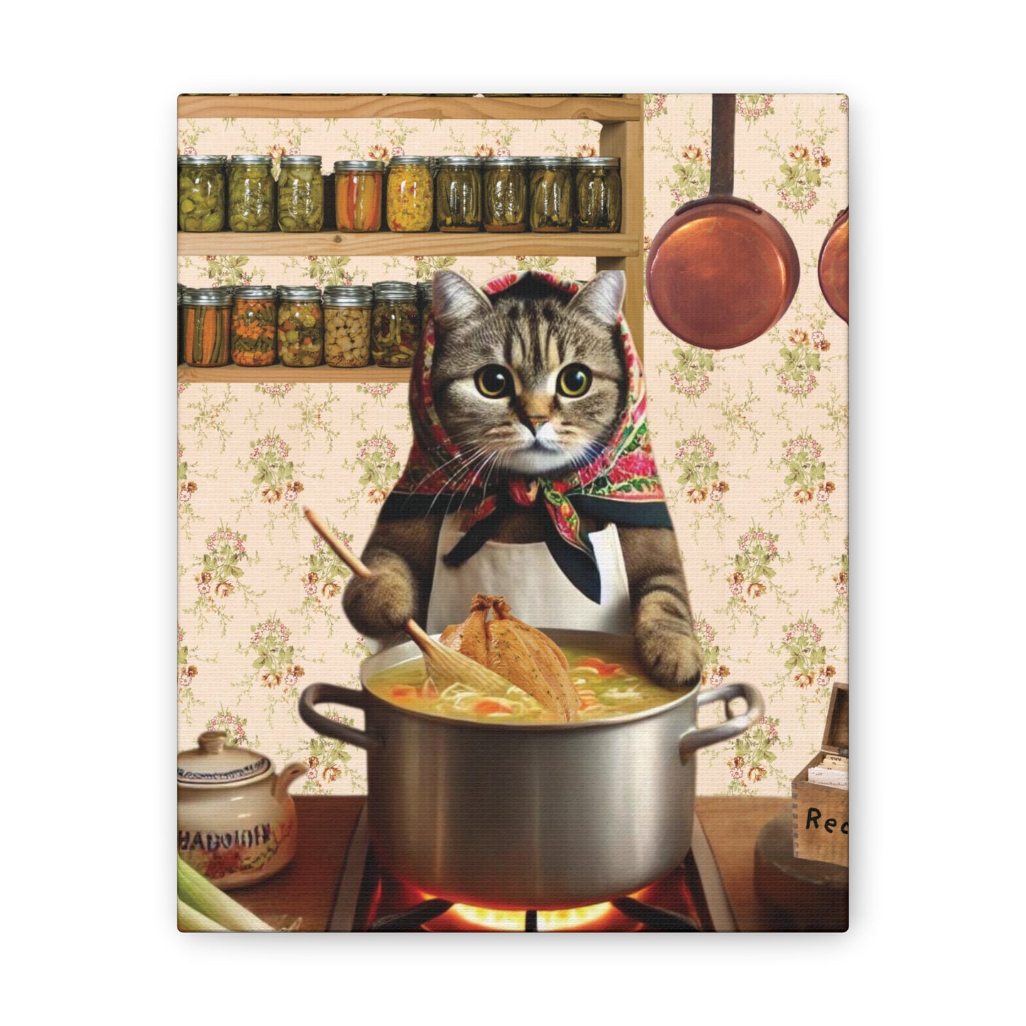 Babushka Cat Makes Rosol Soup,  Kitschy Cat Kitchen Wall Art,  Canvas Wall Art, Nostalgic Polish Art