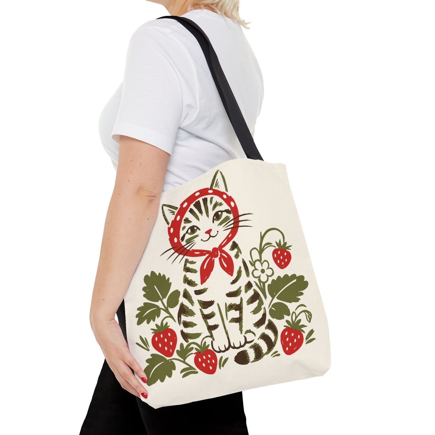 Babushka Cat Strawberry Patch Tabby Cat Tote Bag (AOP)