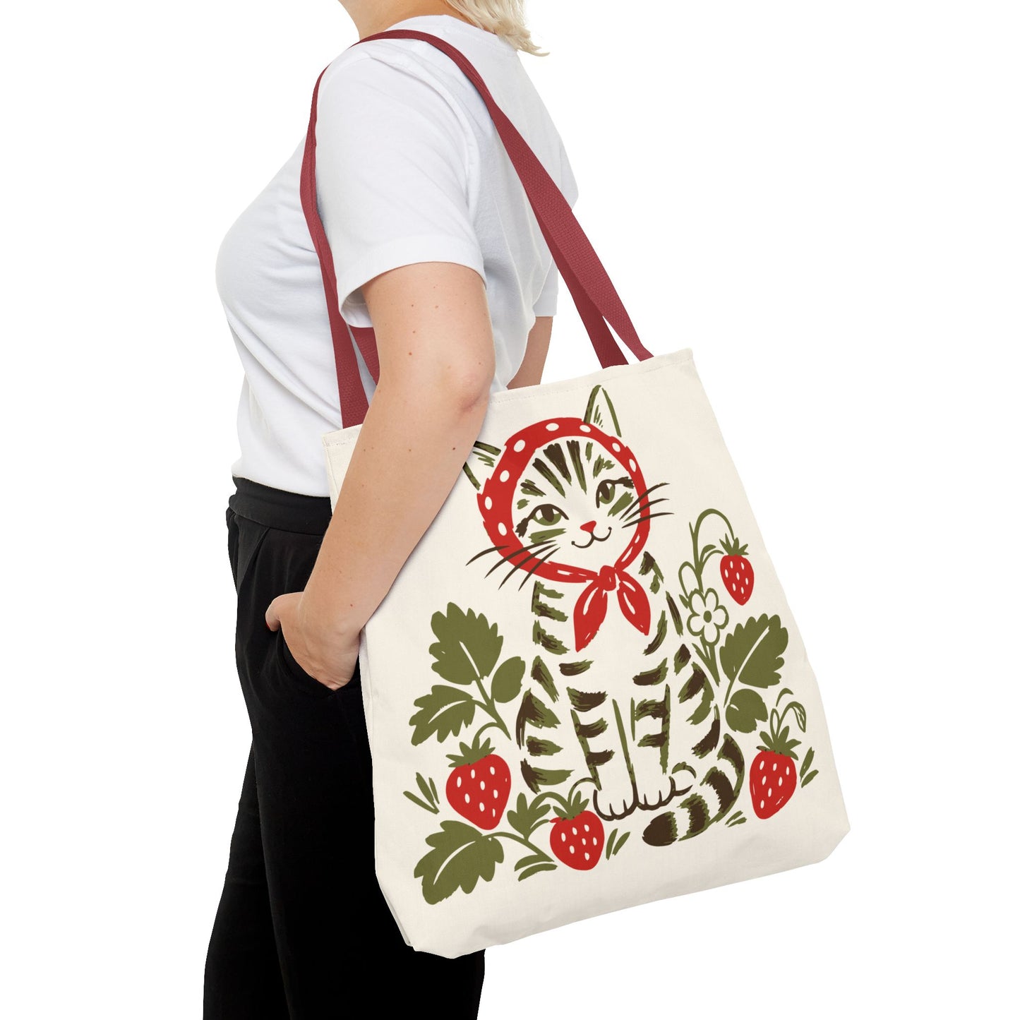 Babushka Cat Strawberry Patch Tabby Cat Tote Bag (AOP)