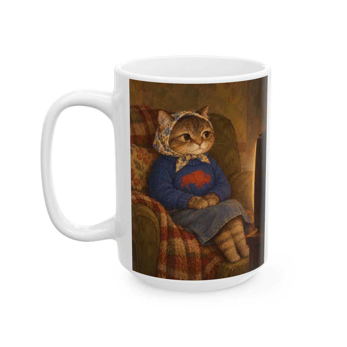 Nostalgic Buffalo Tabby Babushka Cat Ceramic Mug (2 sizes)