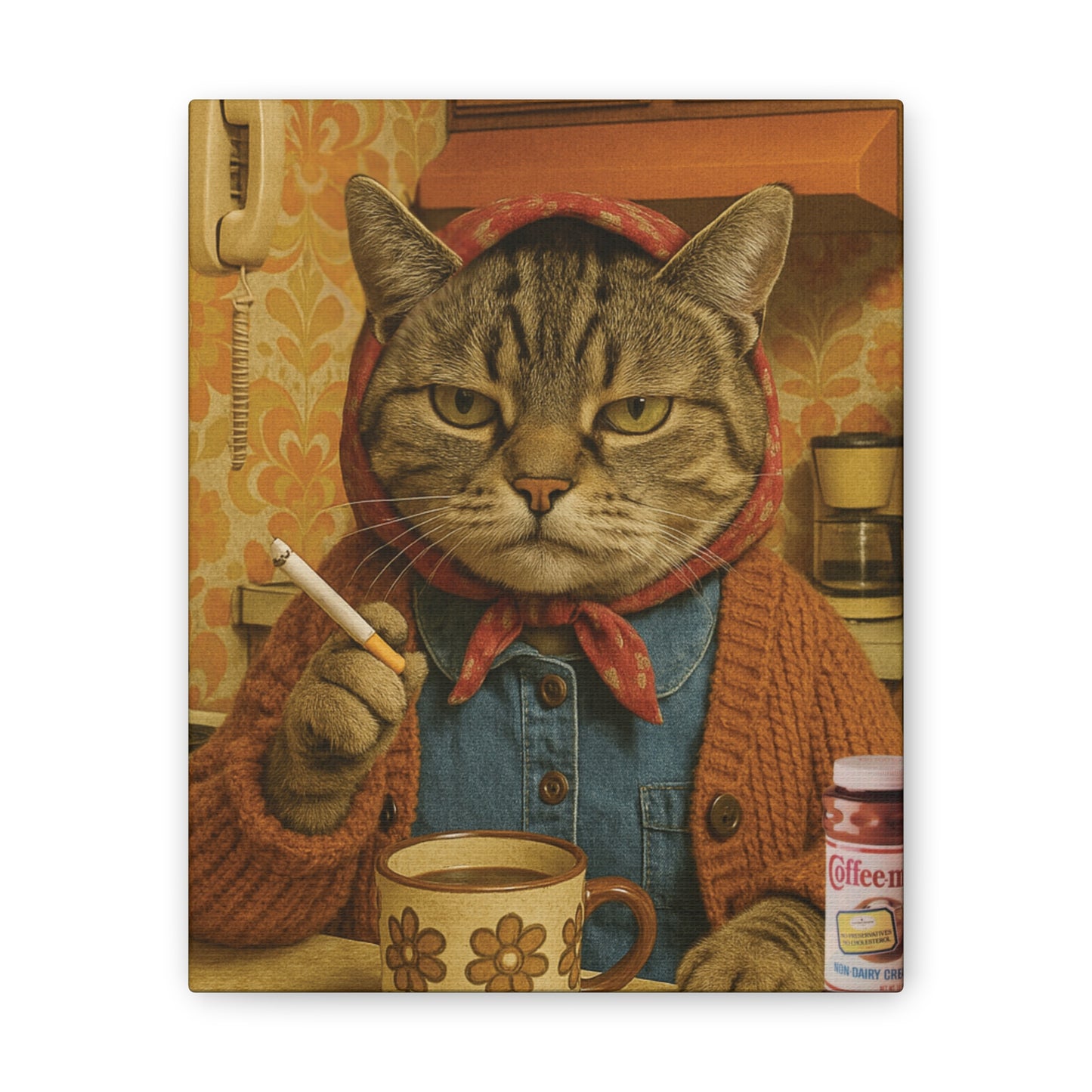 Babushka Cat Smoke Break Nostalgic Kitschy Cat Art Canvas