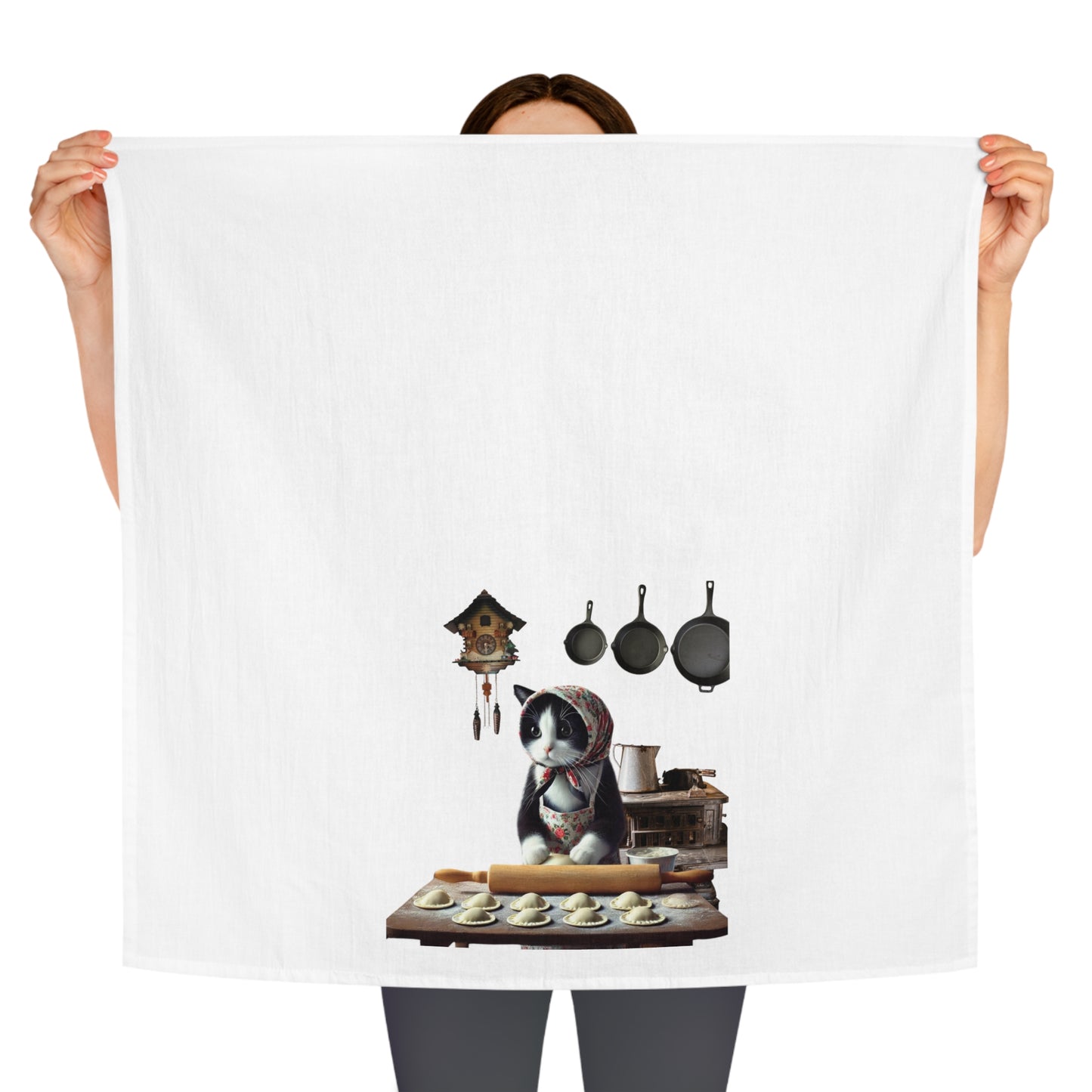 Babushka Tuxedo Cat Makes Pierogi Tea Towel