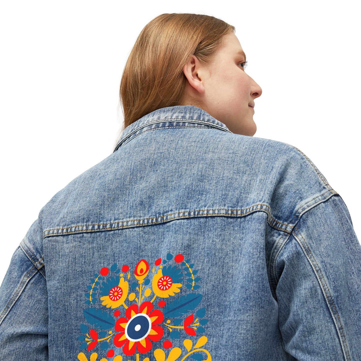 Polish Folk Art Women's Denim Jacket Wycinanki Pattern