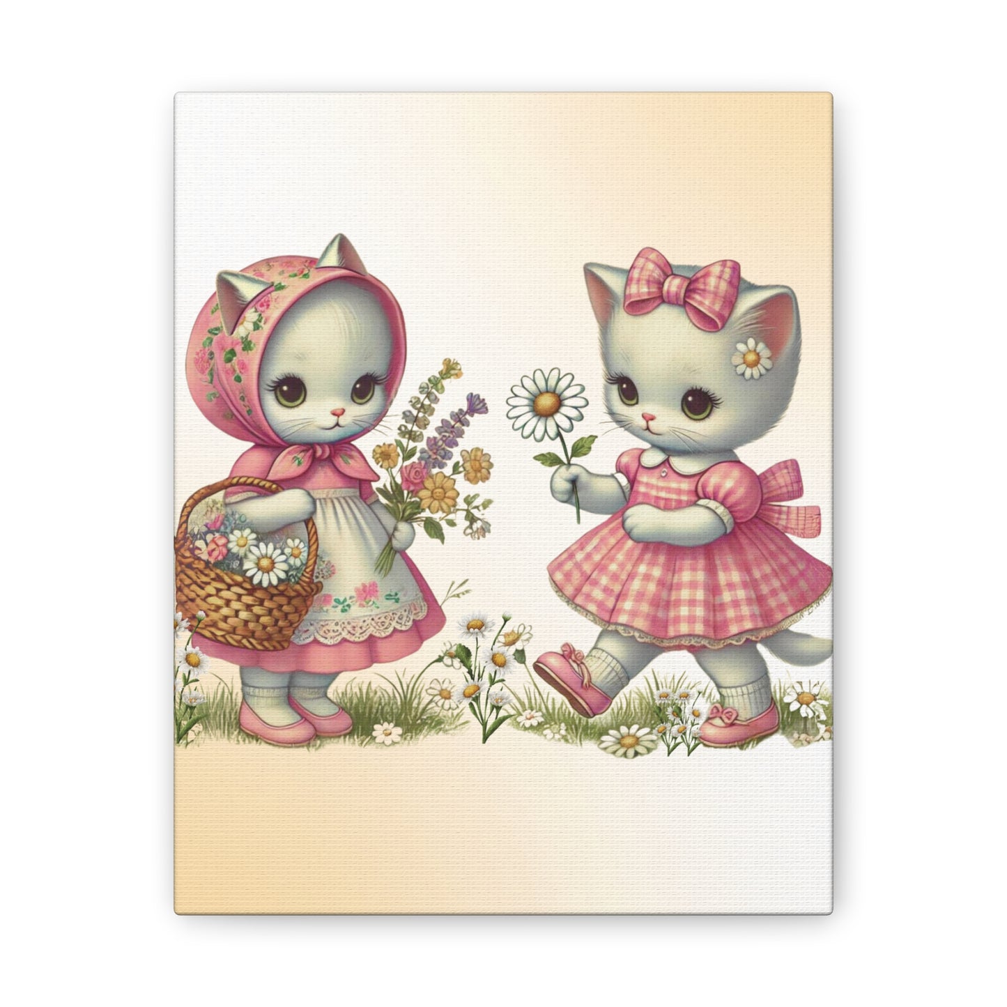 Vintage Cats and Daisies, Kitschy Cat Canvas Wall Art