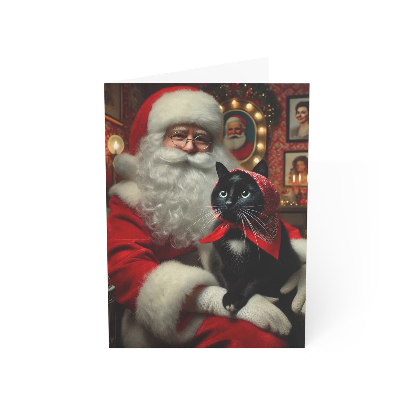 Babushka Cat-Charming Black Cat with Santa,  Christmas Greeting Cards Set of 10