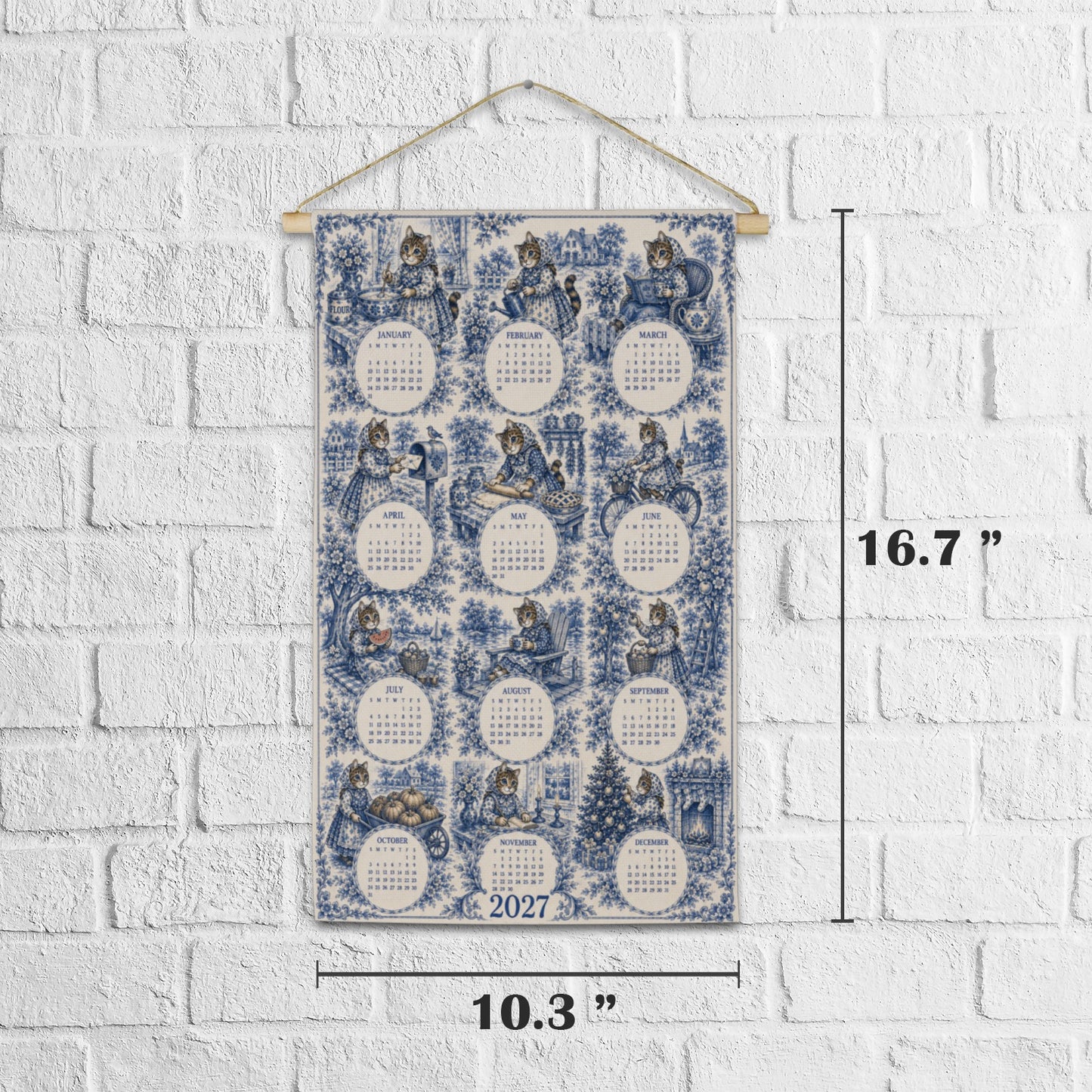 Babushka Cat Toile Old Timey Wall Hanging Calendar