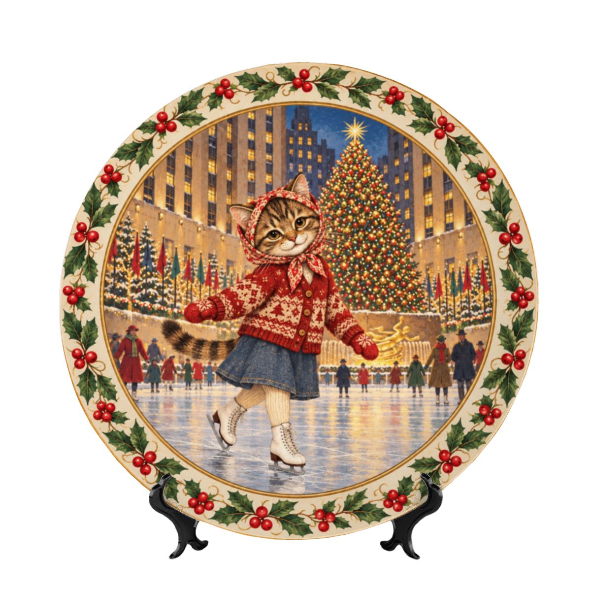 Babushka Cat Ice Skating in NYC Decorative Christmas Plate