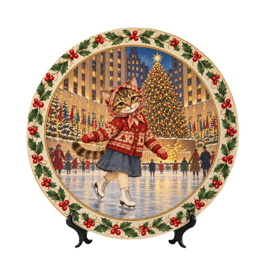 Babushka Cat Ice Skating in NYC Decorative Christmas Plate