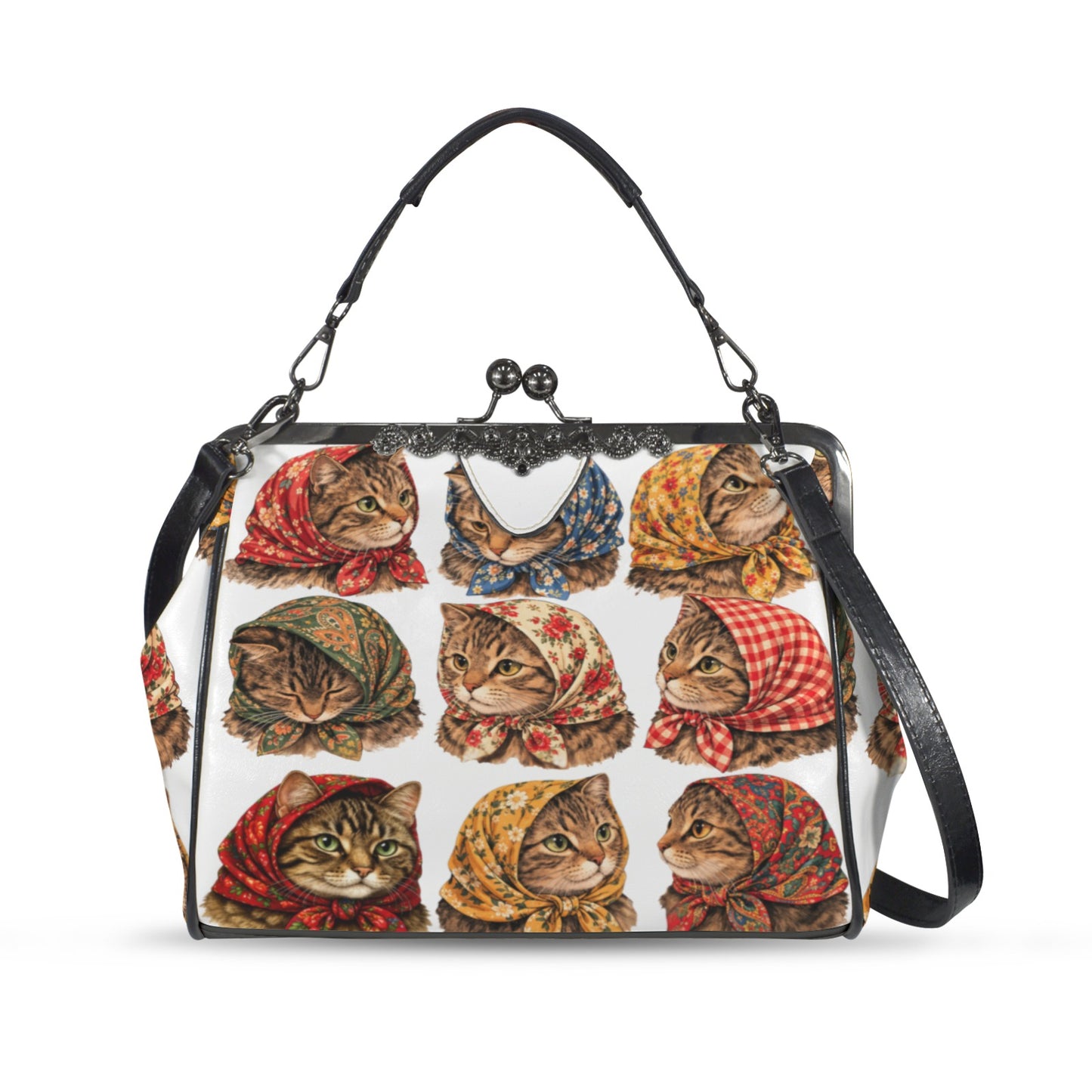 Babushka Cats Cottage Heads Design Kisslock Vintage Style Purse