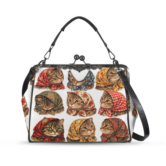 Babushka Cats Cottage Heads Design Kisslock Vintage Style Purse
