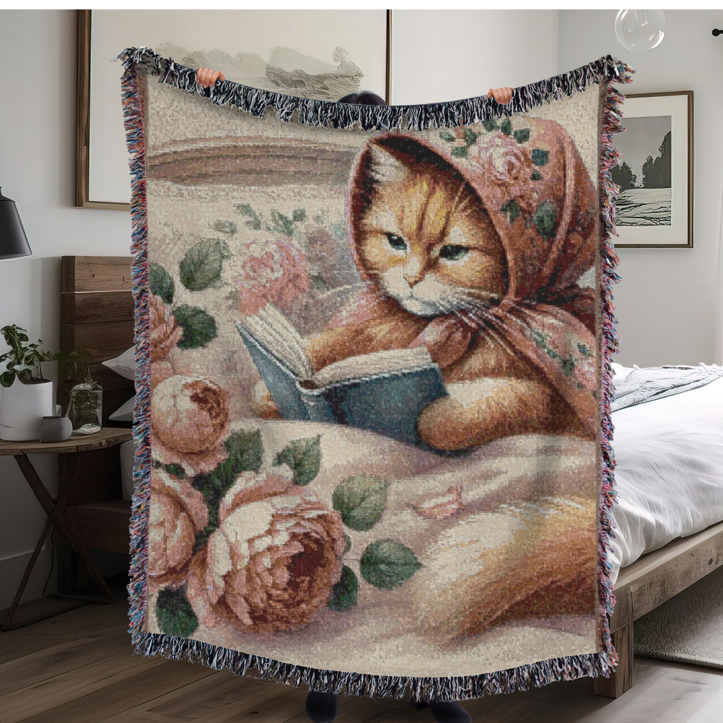 Babushka Cat Reads in Bed Woven Blanket