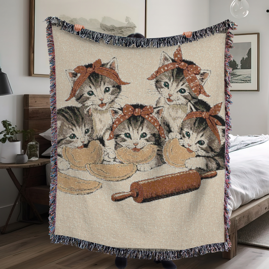 Babushka Kittens Pierogi Helpers Woven Blanket