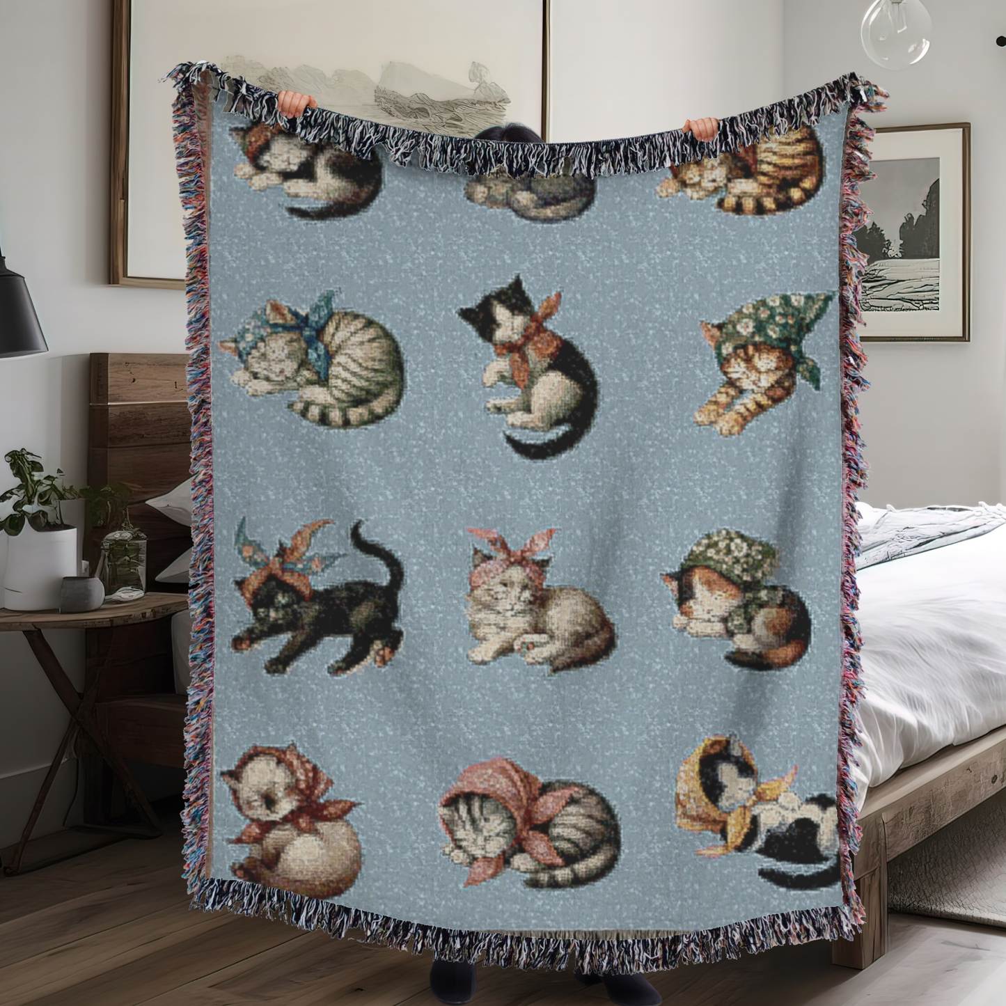 Babushka Kittens Sleep Folk Art Woven Blanket