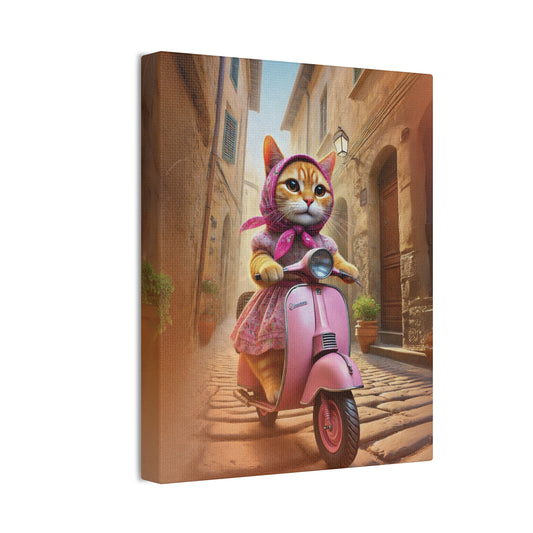 Pink Babushka Cat Rides Her Italian Scooter-Kitschy Cat Art