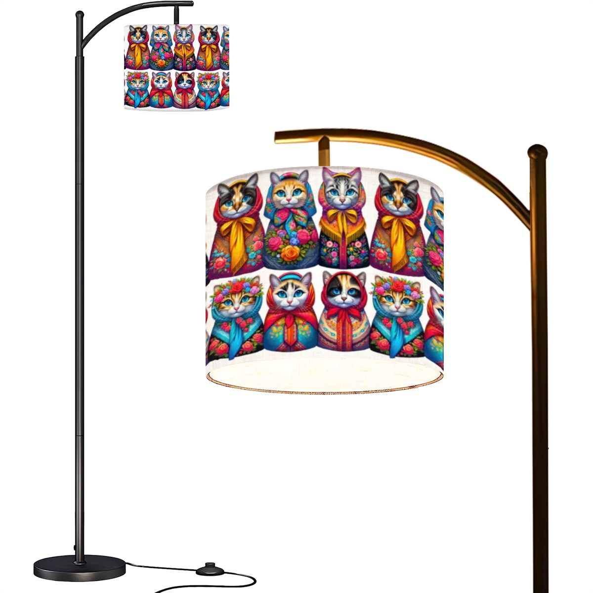 Babushka Catroyshka Kitschy Cats Folk Art Arc Floor Lamp (Made in USA)