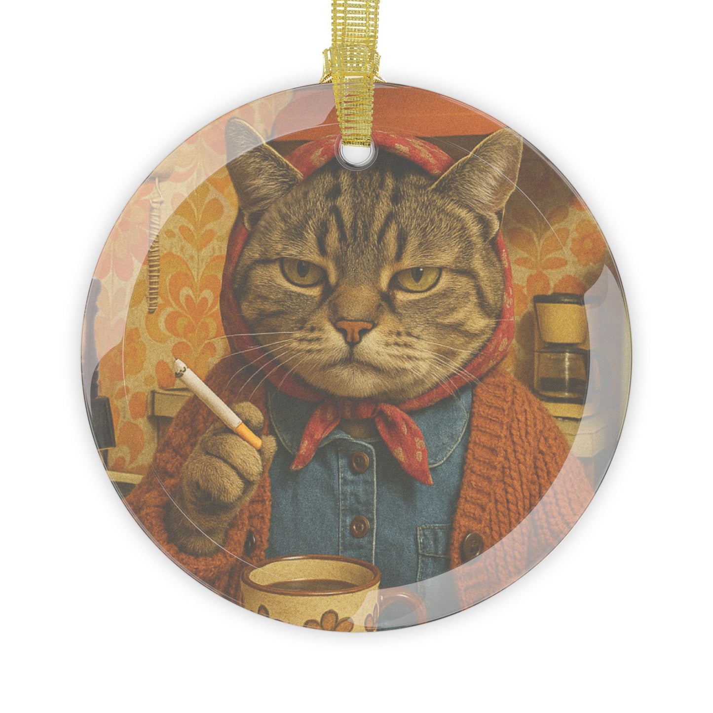 Babushka Cat Smoking Cat Glass Ornament