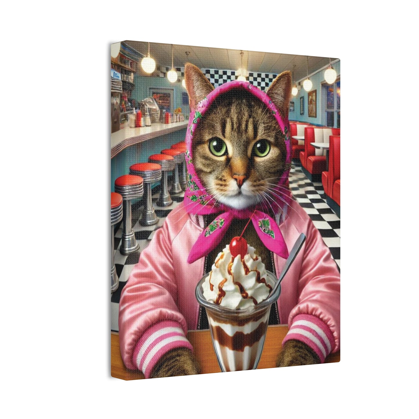 Sundae Shop  Babushka Cat Kitschy Cat Wall Art,  Canvas Wall Art, Nostalgic Wall ARt