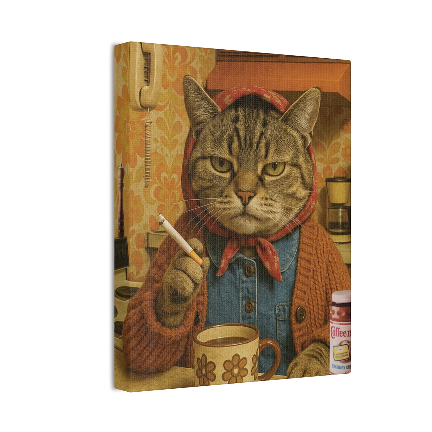 Babushka Cat Smoke Break Nostalgic Kitschy Cat Art Canvas