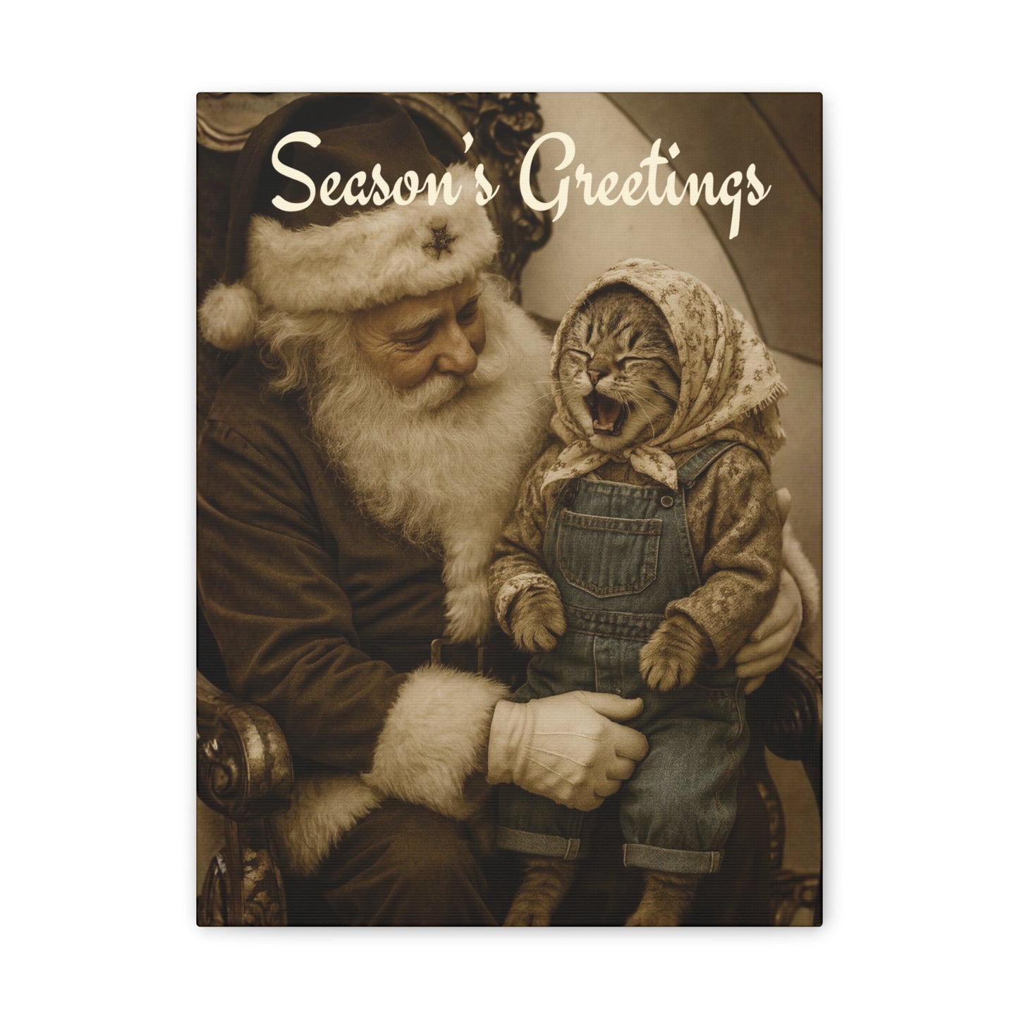 Babushka Cat on Santa's Lap Nostalgic Kitschy Cat Art Canvas