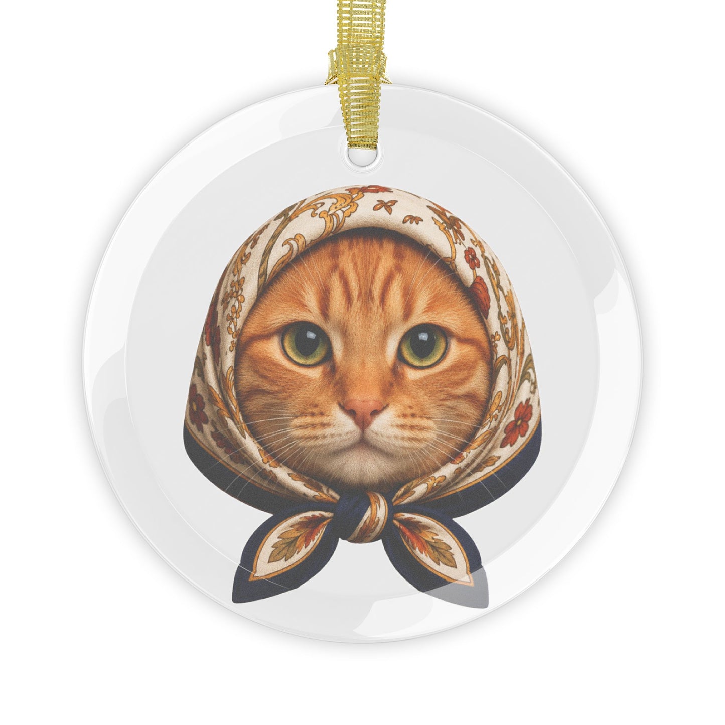 Babushka Orange Tabby Cat Glass Ornament