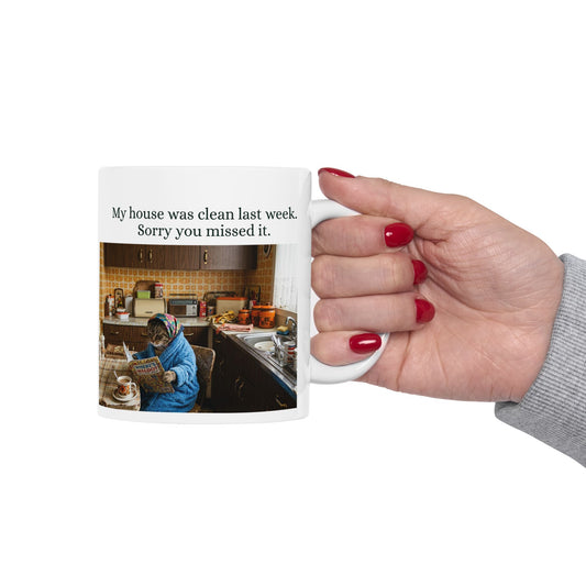 Babushka Cat Clean House Humor Ceramic Mug