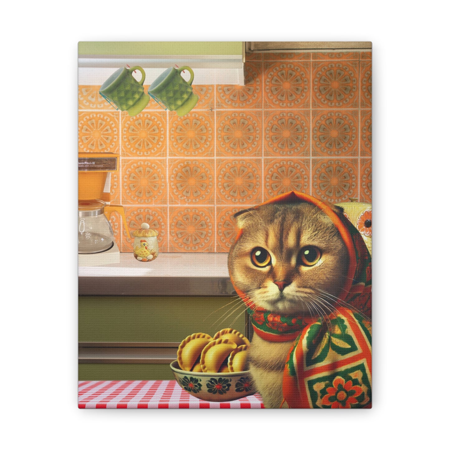 Babushka Cat Visits with Pierogi, Kitschy Wall Art, Polish Gifts, Polish Cat Canvas Art for Polish Cat Lovers