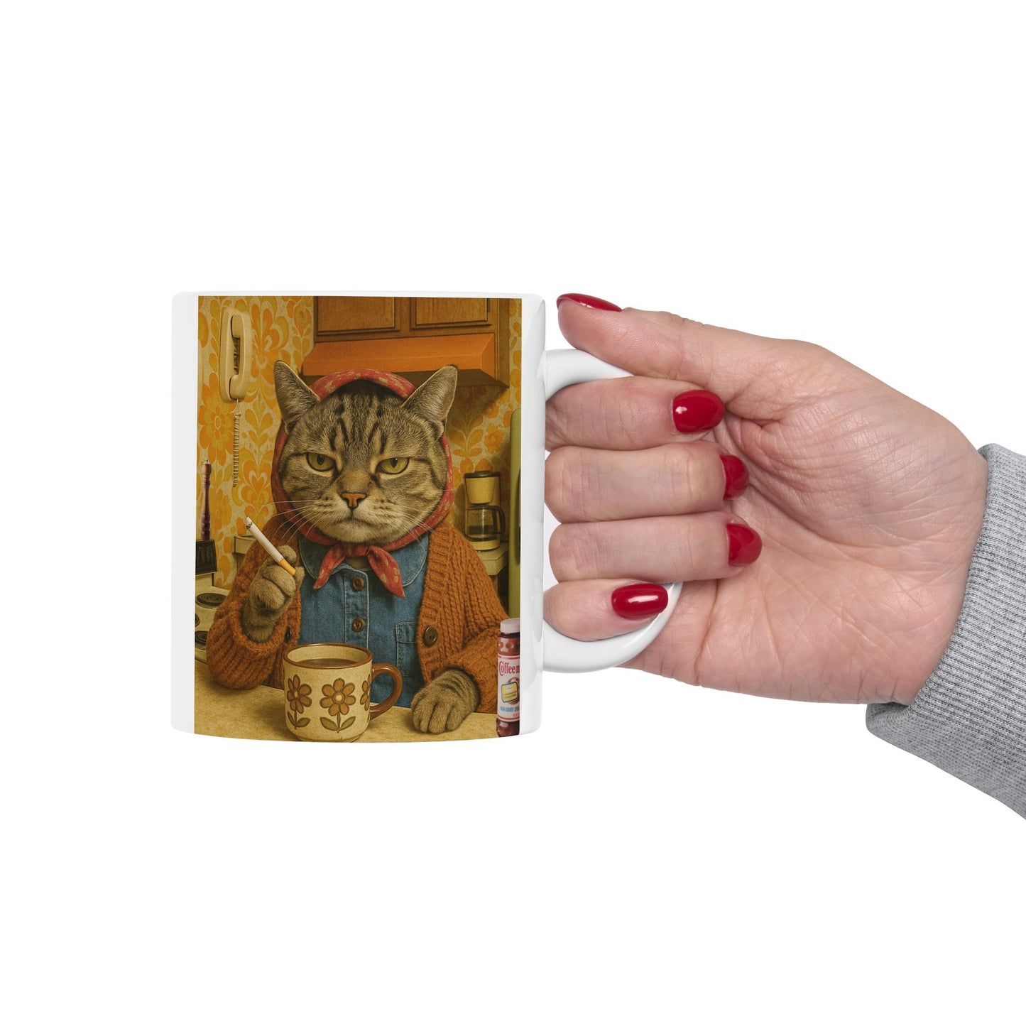 Babushka Cat Cig and Coffee Break, Cat Humor Ceramic Mug