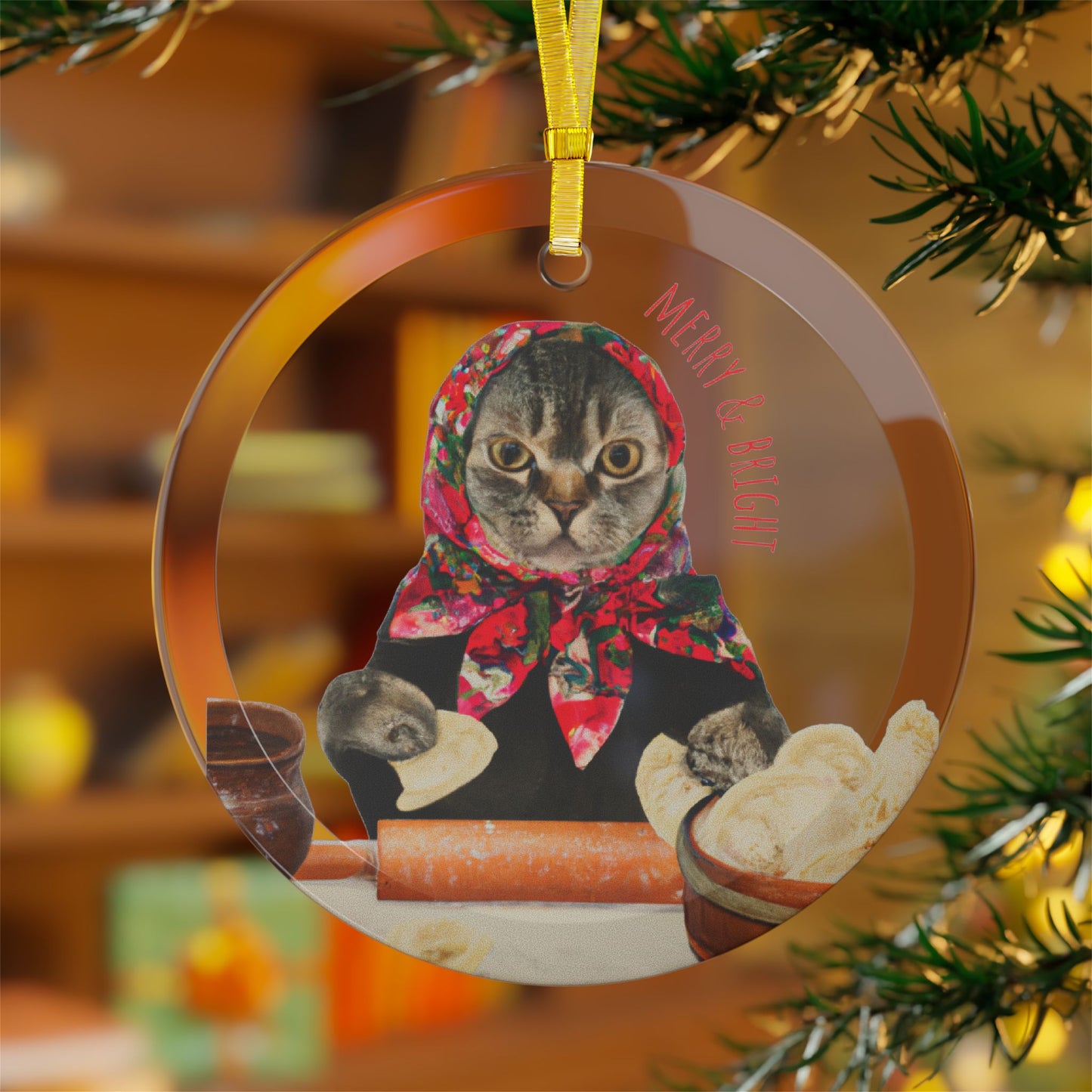 Polish Babushka Cat Ornament, Keepsake Ornament, Glass Ornament 1 pc or 10 pc