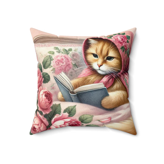 Babushka Cat Pink Reading in Bed Spun Polyester Square Pillow