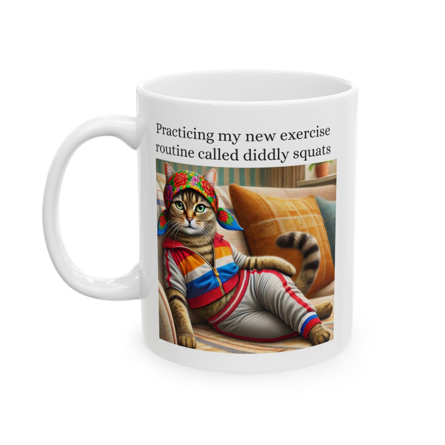 Babushka Cat Exercises, Funny Kitschy Ceramic Mug