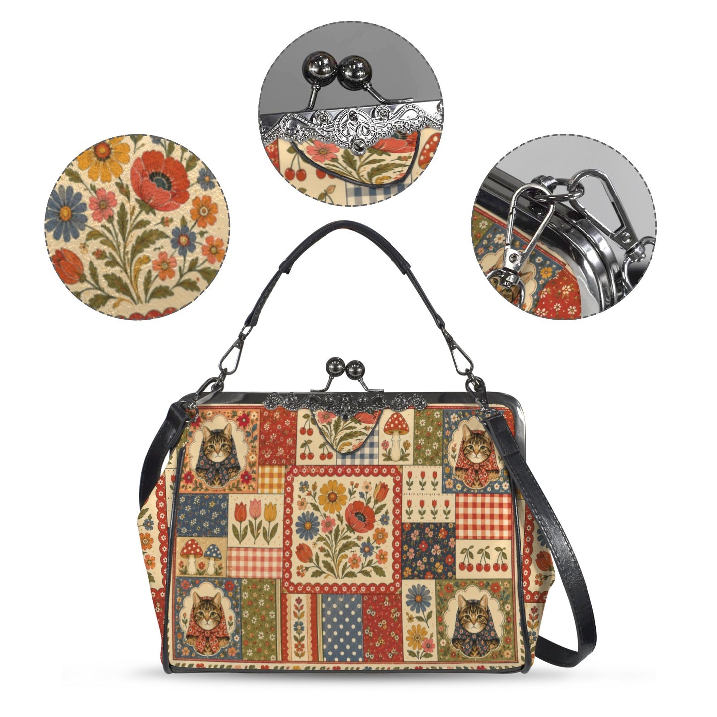 Babushka Cat Pretty Patchwork Kisslock Crossbody Shoulder Bag(Model 1752)