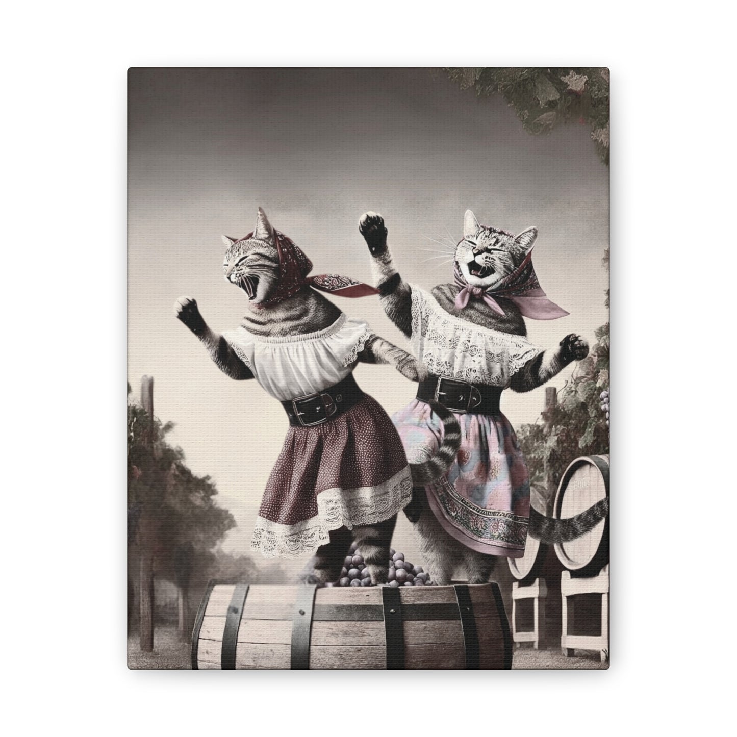 Babushka Cat Grape Stomps in Italy Kitschy Wall Art, Nostalgic TV Canvas Art