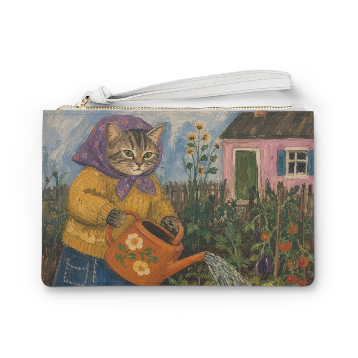 Babushka Cat Tends to Garden  Clutch Bag