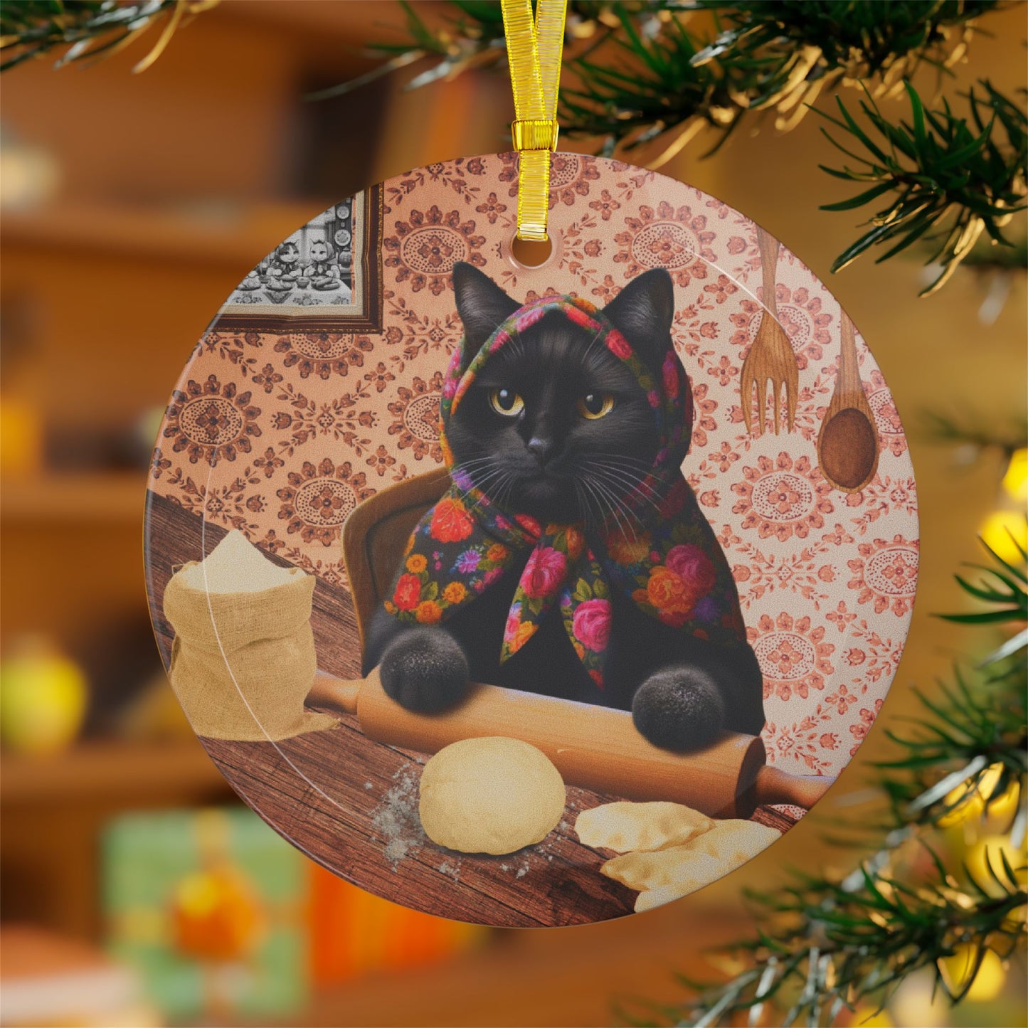 Babushka Pierogi Cat, Black Cat Ornaments 1 pc or 10 pc