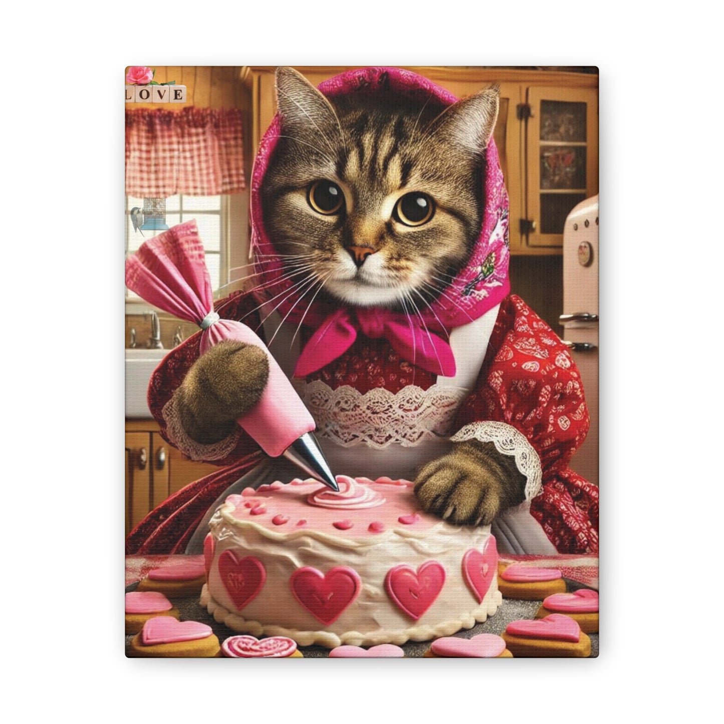 Babushka Cat Valentine Sweets Charming, Kitschy Wall Art, Canvas