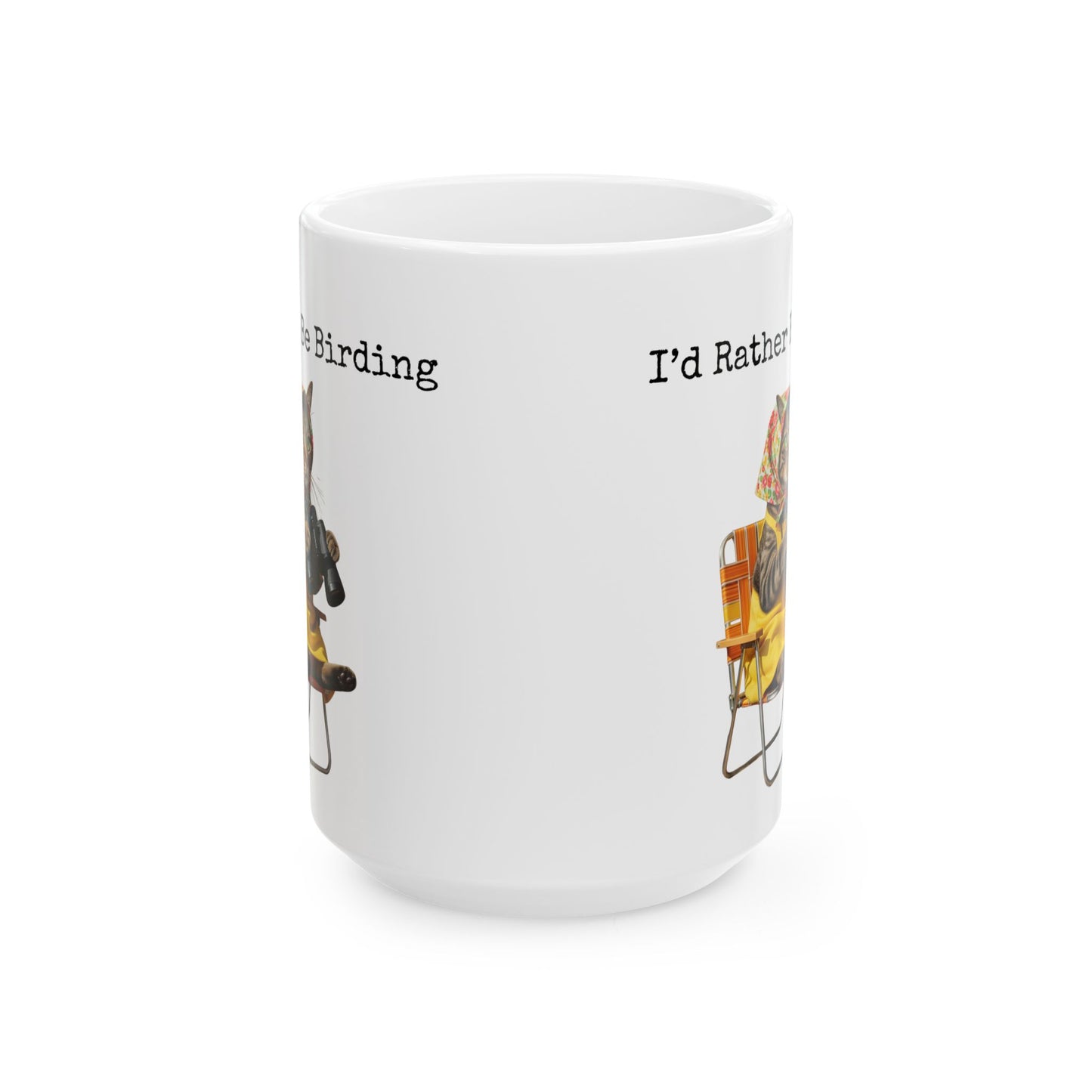 Babushka Cat Birdwatching Ceramic Mug – I'd Rather Be Birding Coffee Cup, Gift for Bird Lovers