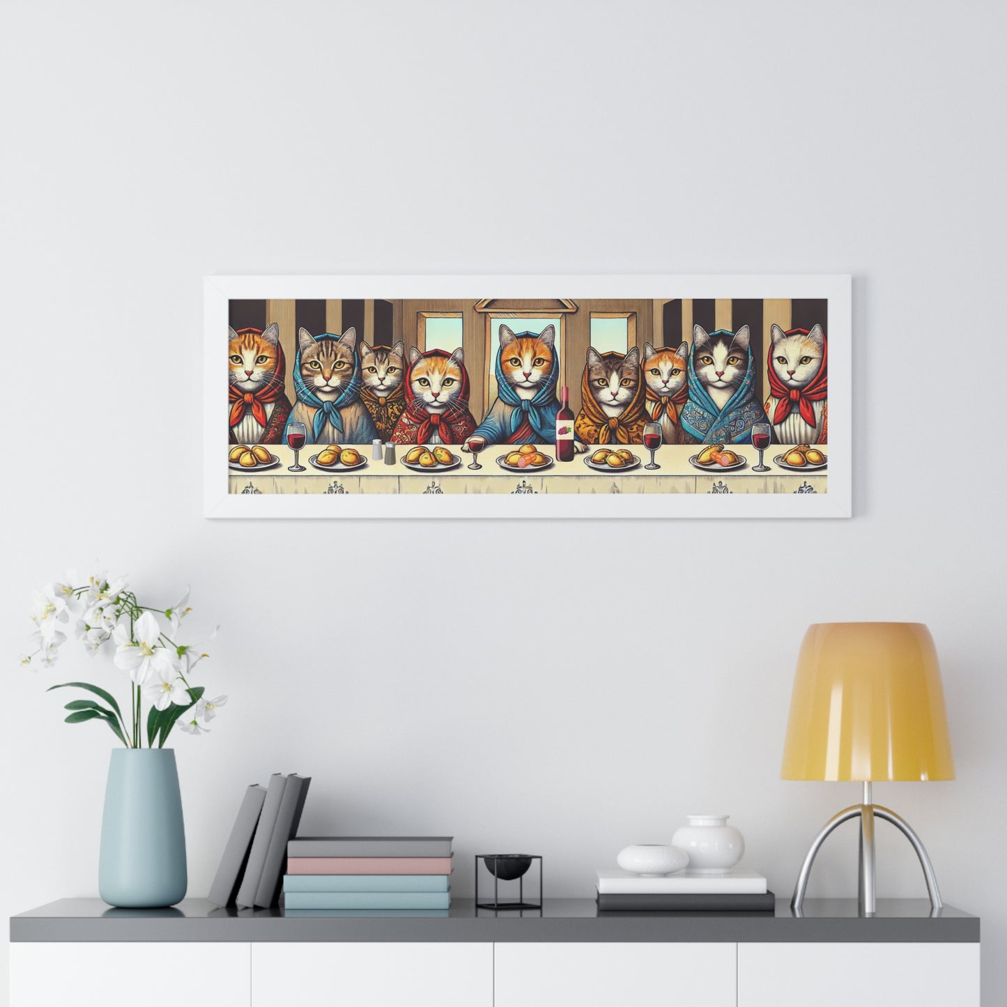 The Last Supper Babushka Cat Pierogi Supper Framed Horizontal Poster for Polish Art Lovers